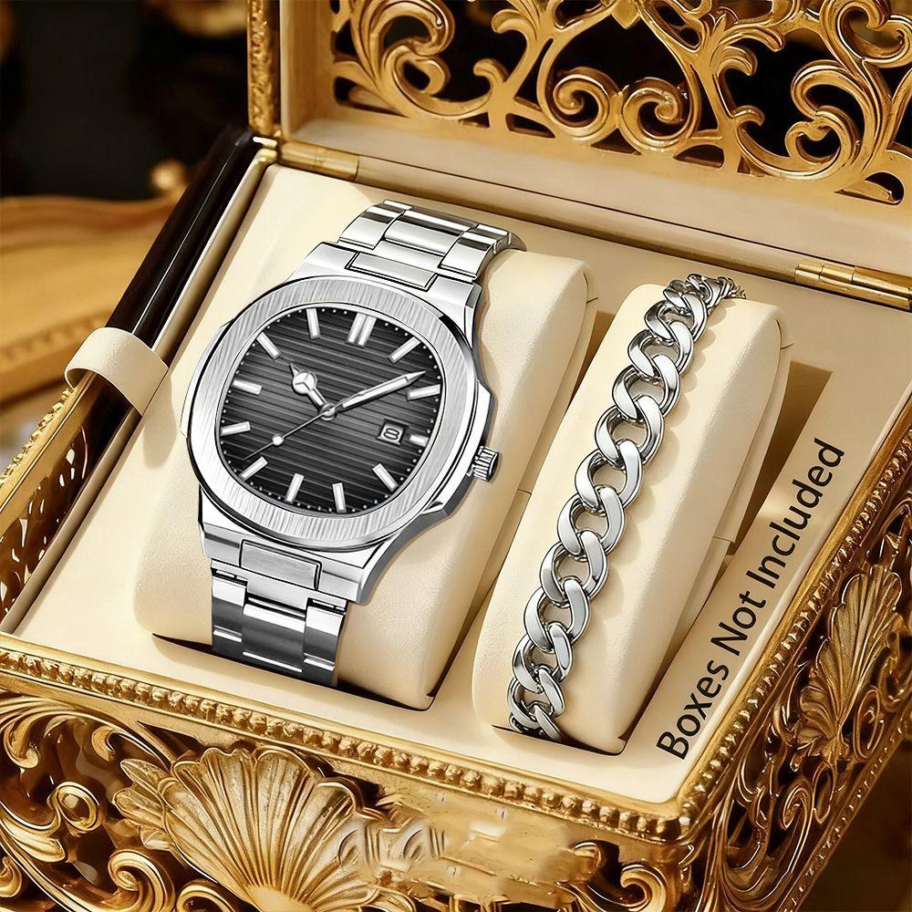 LP62 New 4pcs Alloy Square Men Quartz Movement Watch Waterproof Business Watch Cross Necklace Bracelet Ring Set Selected Gift