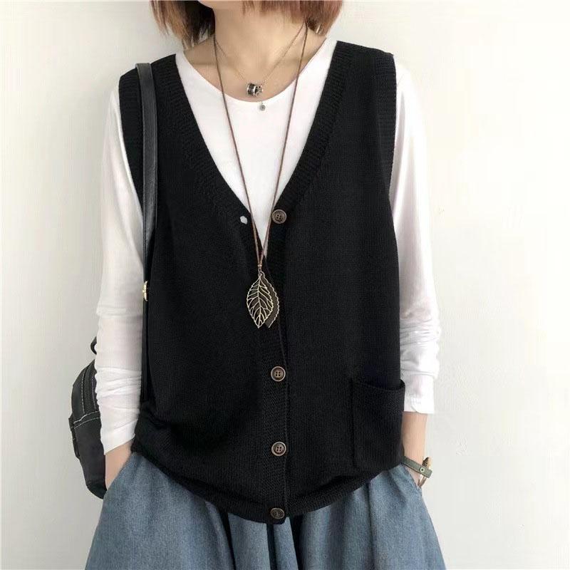 Vintage Arts Style Knitted Vest Female Solid Color Sleeveless Button V-Neck Waistcoat Women Casual Loose Knitwear Coats