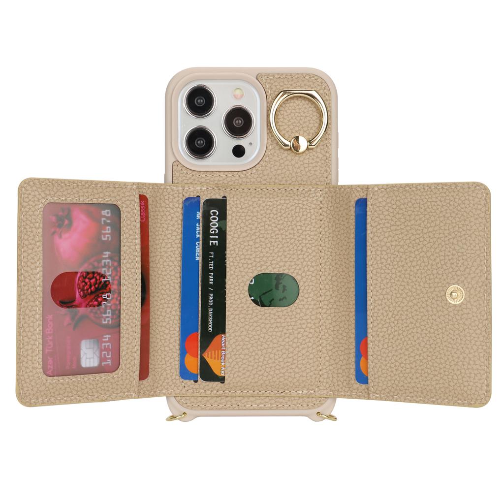 Чехол для iPhone 14 Pro с карманом для карт, кольцом-подставкой, из ПУ кожи+ТПУ, чехол для телефона с плечевым ремнем