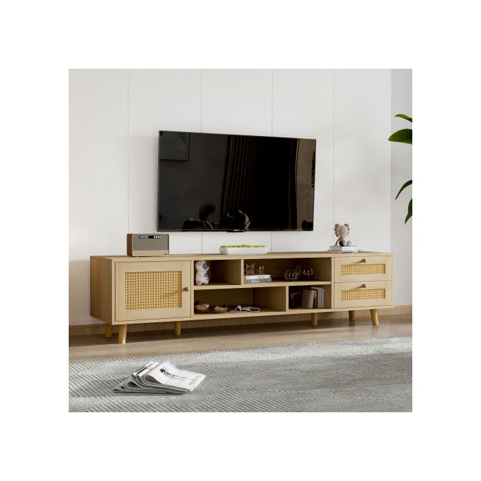 Meuble TV Premium 160 cm en rotin pour TV 70 » - gestion des câbles, 2 tiroirs, 1 porte