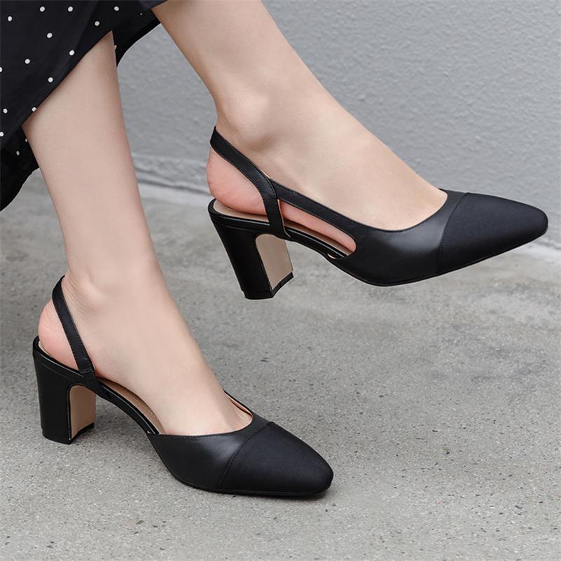 Meotina Women Slingback Shoes Genuine Leather Thick Heels Pumps Round Toe Causal High Heel Ladies Footwear 2022 Spring Apricot