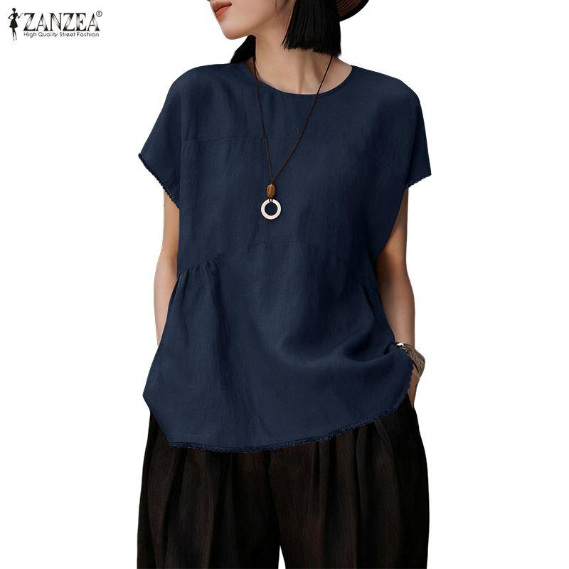 ZANZEA Женские повседневные футболки с круглым вырезом, однотонные, летние, с коротким рукавом