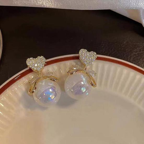 Yousheng 1 пара элегантных сережек-подвесок в форме сердца с бантом, висячие серьги, блестящие стразы, серьги-гвоздики из искусственного жемчуга