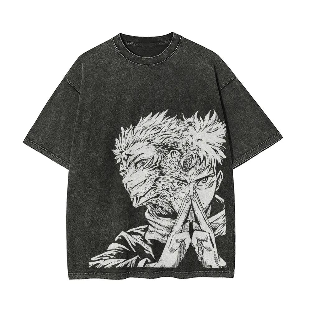Футболка Итадори Сукуна Двойное Лицо Jujutsu Kaisen Футболка Винтажная Стиранная Оверсайз Ретро Аниме Харадзюку Уличная Одежда Манга Мужская Одежда