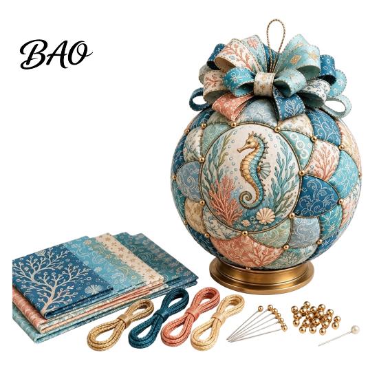 Handmade Patchwork Craft Ocean Treasures DIY Ball Ornament Kit, Nautical Dolphin Fabric Making Unique Home Decor Set, Coastal Desktop Decor,