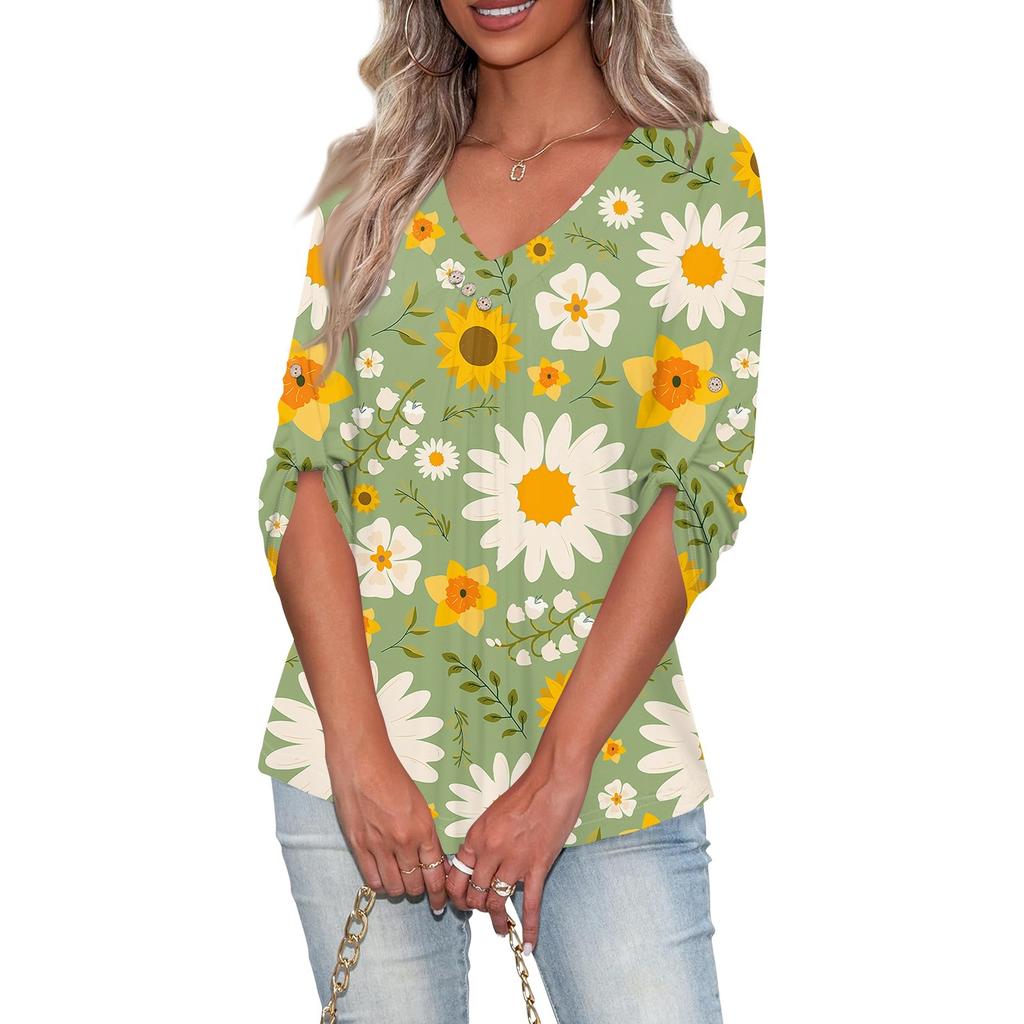 Shirts For Women Trendy V Neck Button T Shirts Casual Printed Summer Tees T Shirt Blouse Three Quarter Sleeve Tops For Women