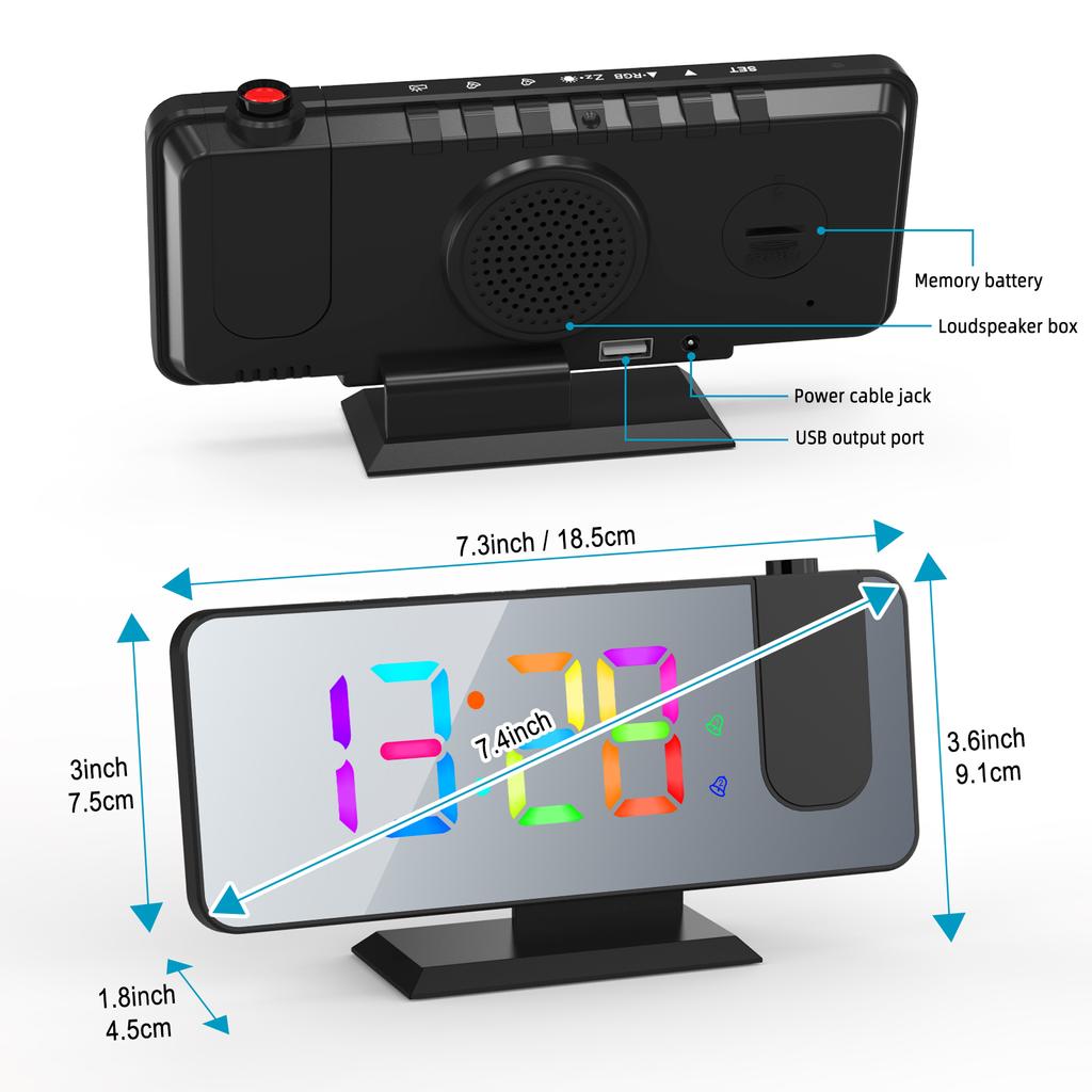 Цифровой проекционный будильник 180 градусов с динамической RGB-подсветкой   Отсрочка будильника Двойная настройка будильника USB-порт Зеркальные часы для Be