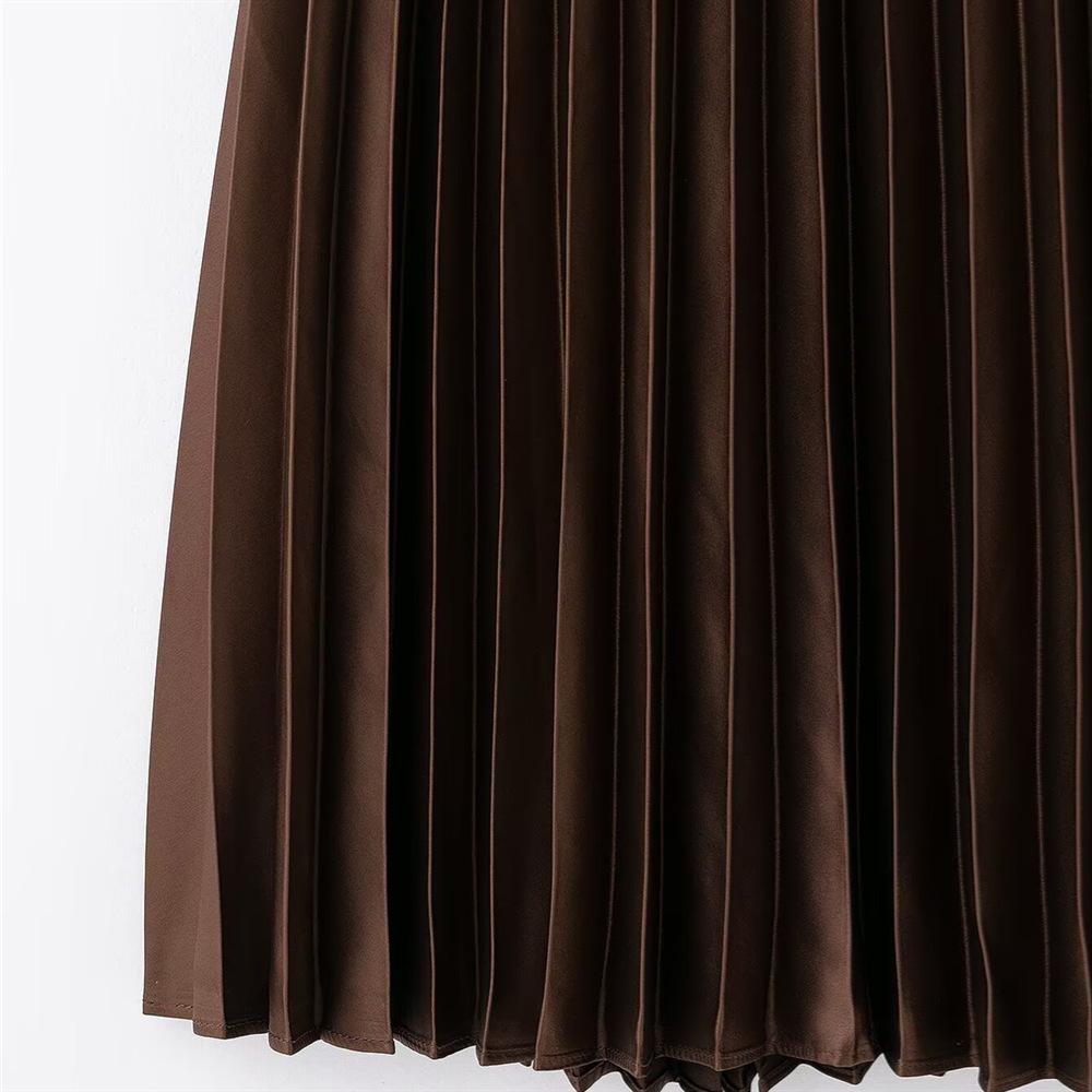 Весна 2025 Женская приталенная миди-юбка из шелкового сатина с плиссировкой и высокой посадкой