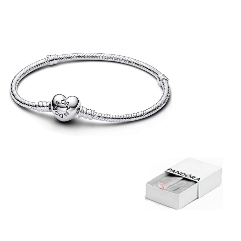 Pandora Моменты Застежка-сердце Браслет на змеиной цепочке Серебро 590719