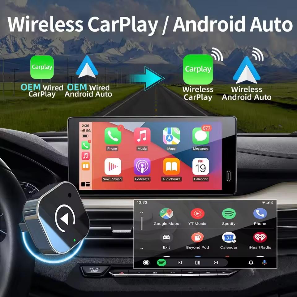 2-в-1 проводной и беспроводной CarPlay Android Auto адаптер для OEM автомобильной стереосистемы с USB Plug and Play Bluetooth