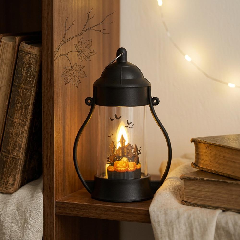 Cylindrical Pumpkin Wind Lantern Castle Ghost Pattern Halloween Night Light Living Room