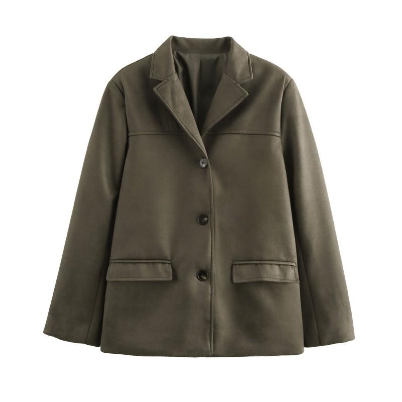 Womens Winter Streetwear Single-Breasted Oversized Blazer Coat In Suede-Like Fabric Khaki Coffee