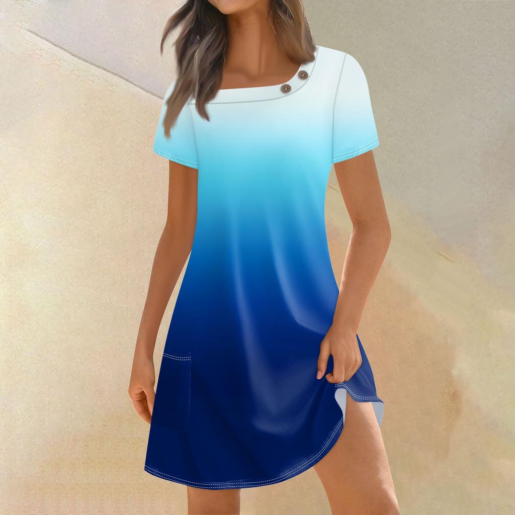 Женская мода, летние платья с квадратным вырезом и короткими рукавами, повседневные свободные платья с карманами и пуговицами, градиентные платья