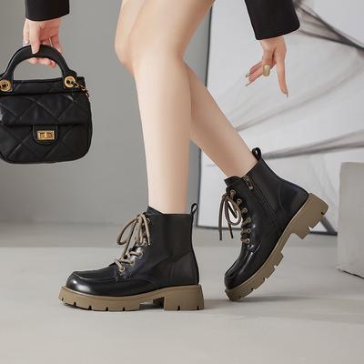 Августин Черные Ботинки Мартин Женские 2025 Новые Весенне-Осенние Одинарные Ботинки Британский Стиль Короткие Ботинки На Толстой Подошве Рабочие Ботинки