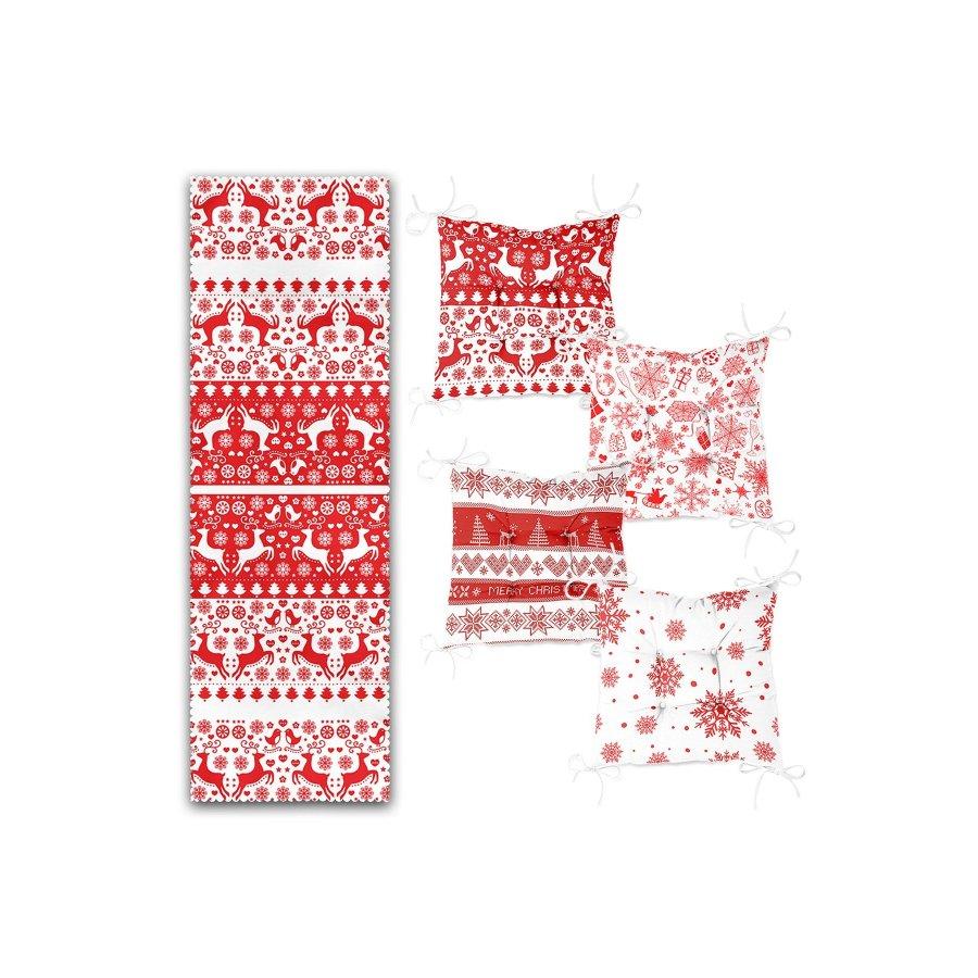 Набор подушек для стула с новогодним тематическим принтом оленя / 4 квадратных подушки для стула 40×40 см и 1 дорожка