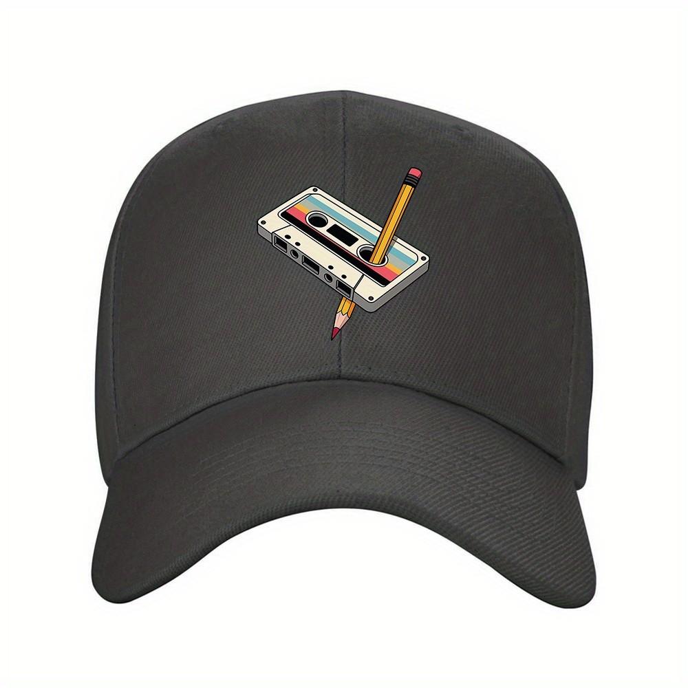 Retro Cassette Tape Pencil Print Baseball Cap Unisex Polyester Adjustable Outdoor Casual Hat
