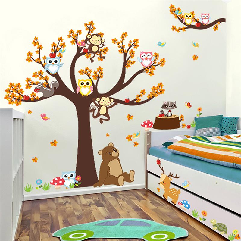 Cartoon Animal Owl Monkey Tree Wall Stickers Children'S Room Decoration Mural Decals Home Decoration Cute Animal Stickers
