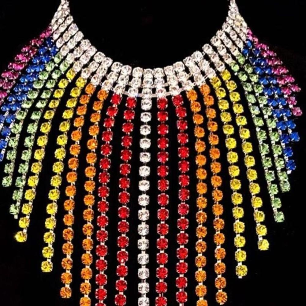 Vintage Rhinestone Crystal Necklace Shiny Ear Studs Luxury Rainbow Tassel Jewelry Set Girls