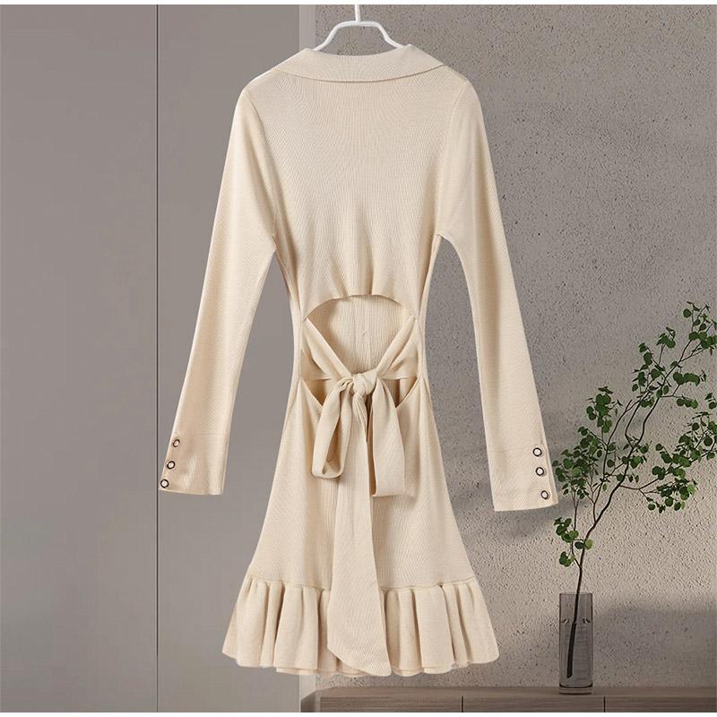 Элегантное трикотажное мини-платье с оборками, женское пэчворк, длинный рукав, V-образный вырез, бант, открытая спина, однобортное платье, женское вечернее платье