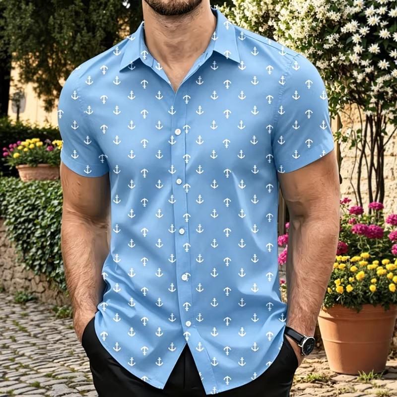 Men Anchor Print Lapel Short Sleeve Button Down Shirt