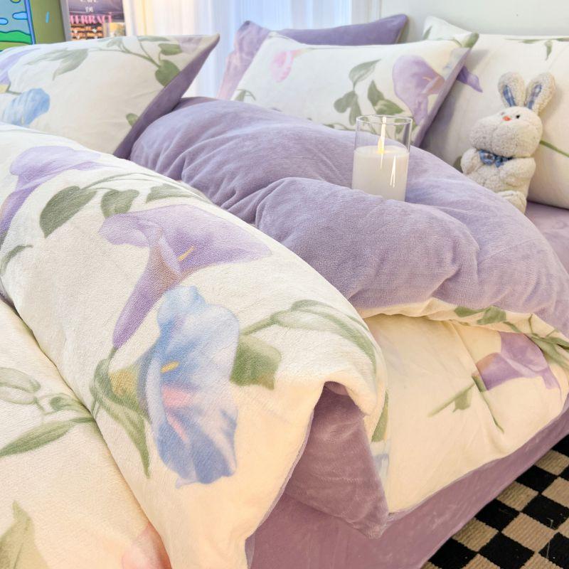 Winter Milk Flannel 4-piece Set Flange Plus Flannel Comforter Set Sheets Hats Bed 3-piece Set