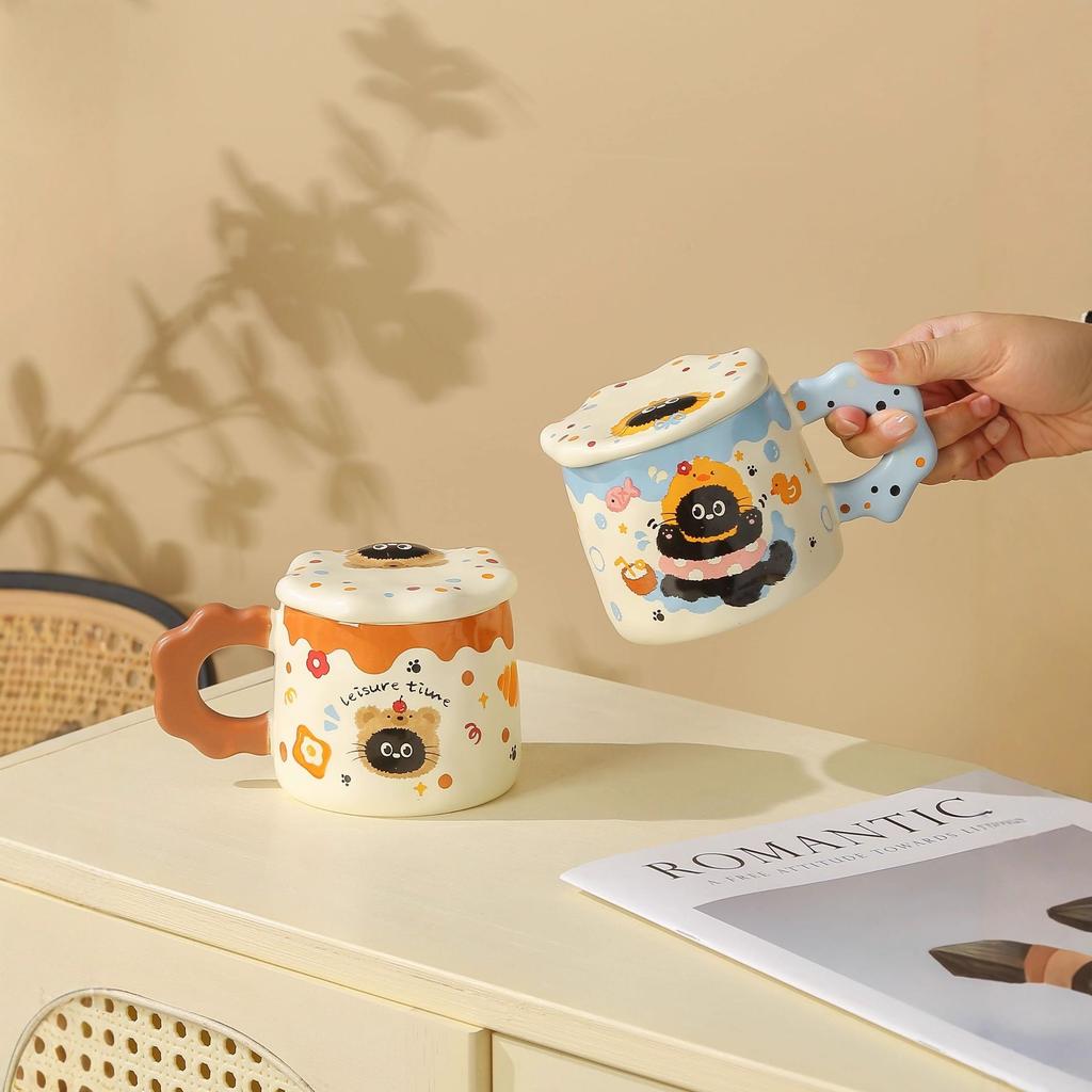 Cat Embossed Lid Mug High Looking Ceramic Cup Creative Souvenir Breakfast Milk Girl Water Cup Gift