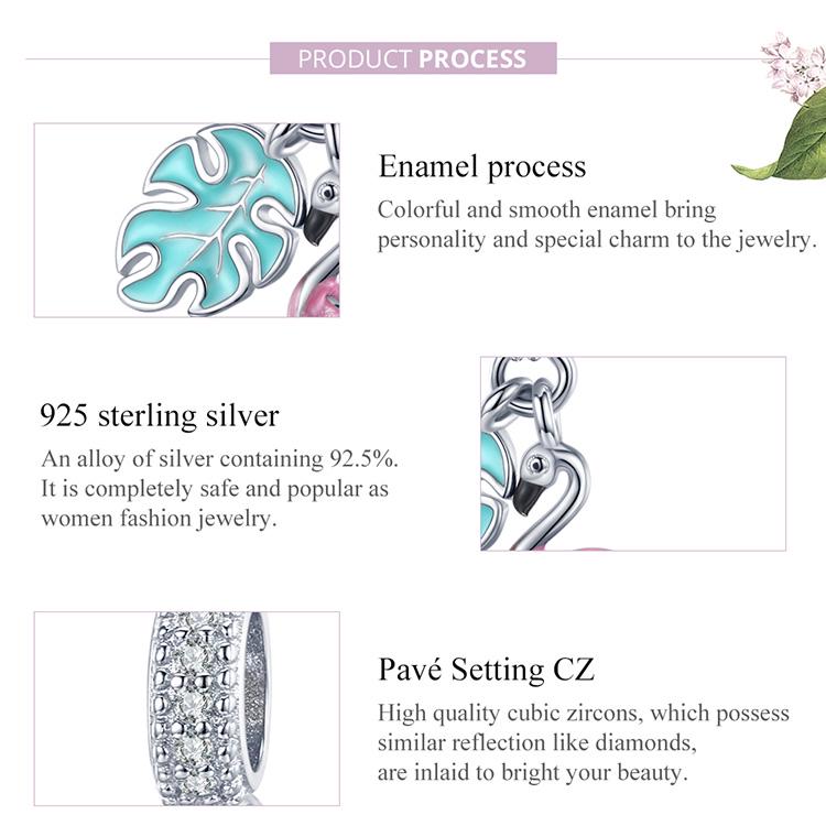 BAMOER 925 Sterling Silver Pendant Summer Pink Enamel Flamingo Pendant Charms for Snake Bracelet