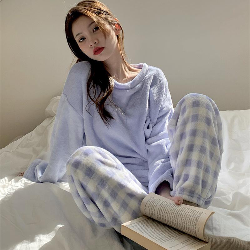 Женские пижамы, костюм из двух предметов, осенне-зимний коралловый бархатный однотонный бархатный утолщенный сладкий фланелевой теплый домашний комплект