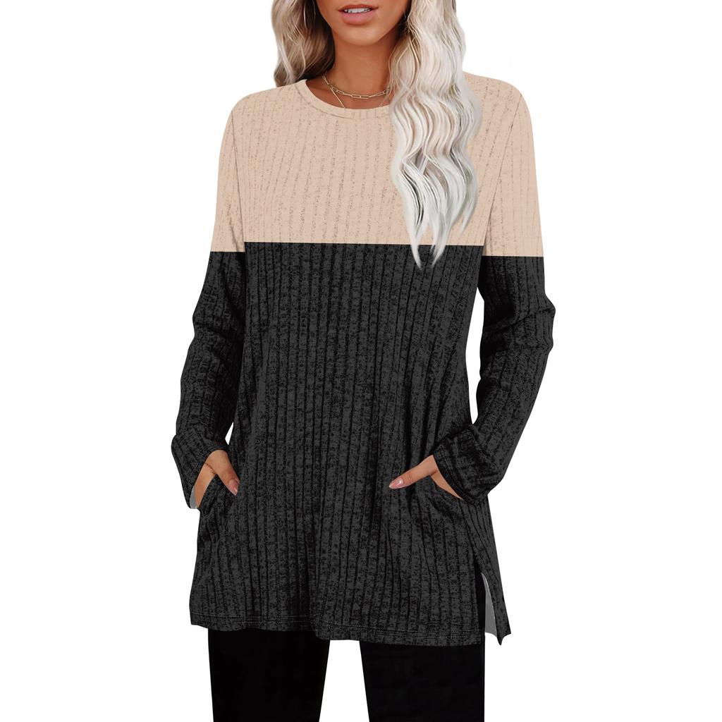Женские свитера с круглым вырезом, рубашки с длинным рукавом и карманами, осенние наряды, модная зимняя одежда, боковой разрез