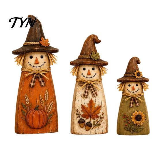 Vintage Farmhouse Fall Accents 3Pcs Rustic Wooden Halloween Cat Tabletop Decor, Black Figurine Moon Star Pumpkin Art with Witch Hat,