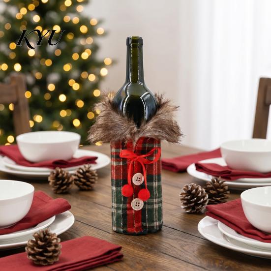 Wine Bottle Packaging for Presents Christmas Sweater Cover, Faux Fur Collar And Button Festive Cover Home Coat Design Plaid Clothes Party Decoration
