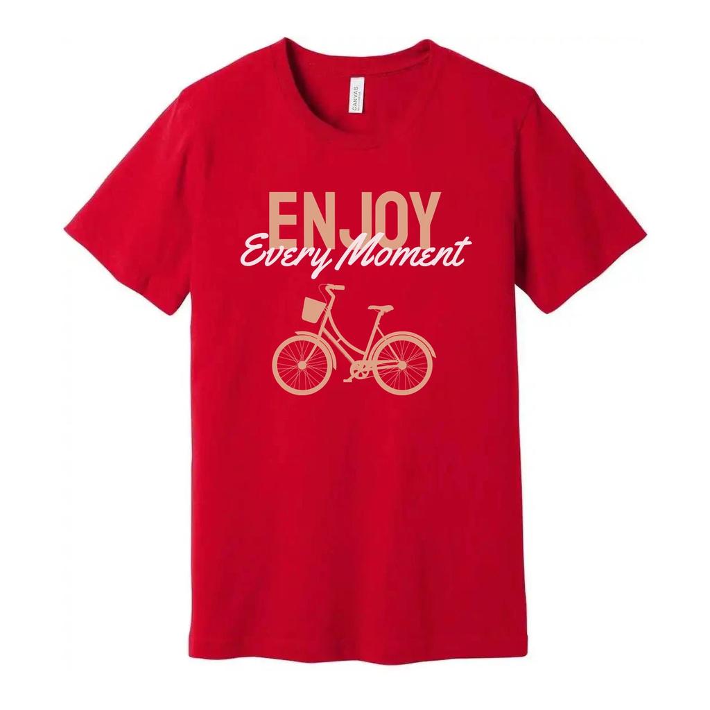 Unisex Cycling Tee With Peach Bicycle Print And Enjoy Every Moment Phrase Graphi