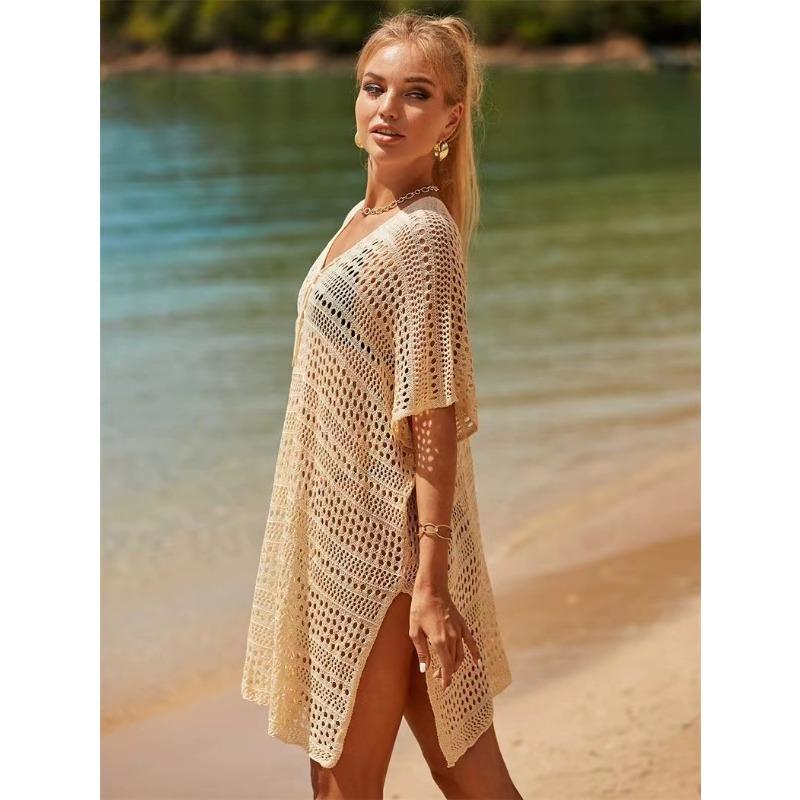 Summer Women's Swimwear Sunwear Cover-up Loose Beach Pullover Hollow Knit Seaside Holiday Outer Batshirt