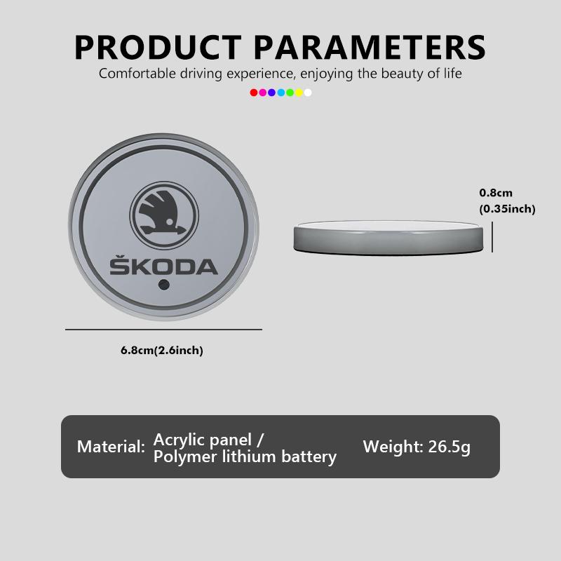 AAABS1 For Skoda Led Car Badge Emblem Drink Cup Holder Logo Light USB Charging Luminous Coaster Kodiaq Octavia 2 3 Rapid Karoq Fabia