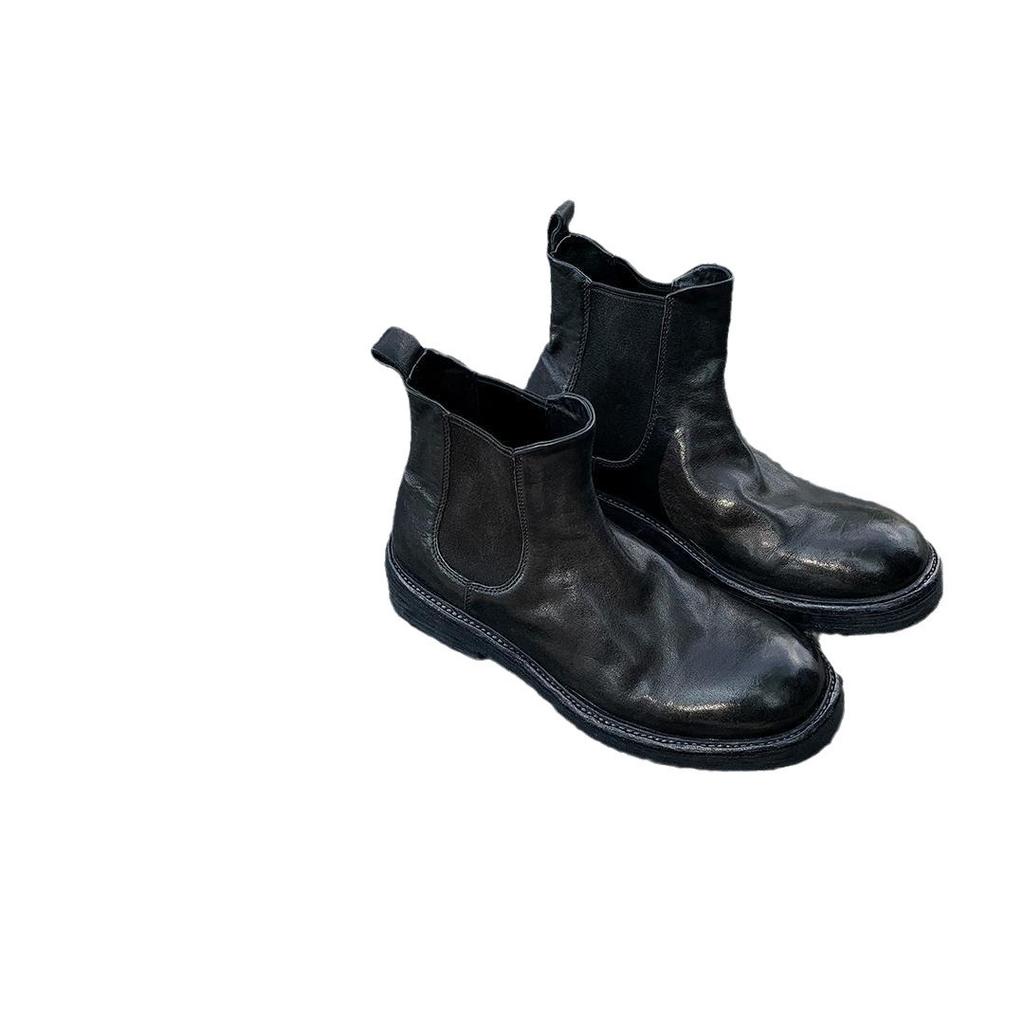 Виноградная Мама те же вымытые кожаные плиссированные сапоги толстый каблук толстая подошва сапоги-трубы эластичные сапоги челси короткие сапоги осенне-зимние сапоги