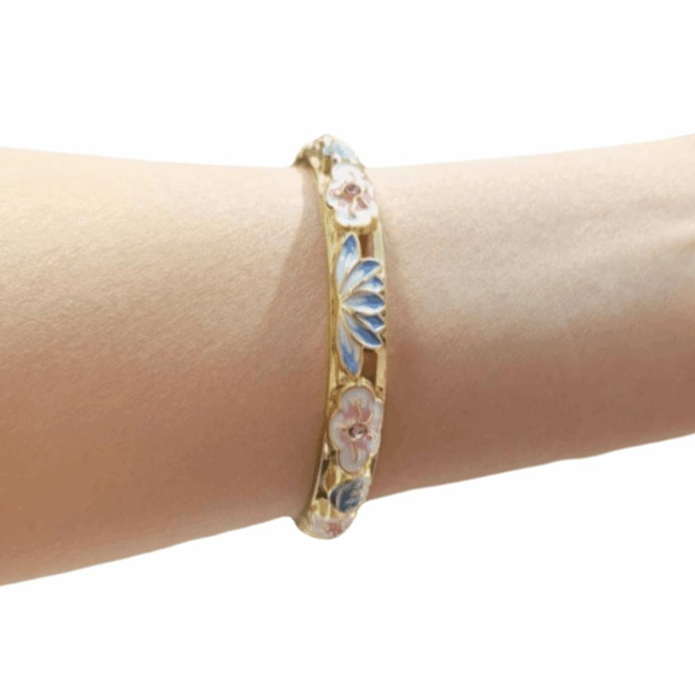 Gold Plated Enamel Floral Bangle Chinese Style Cloisonne Bangle Women's Flower Bracelet Ladies