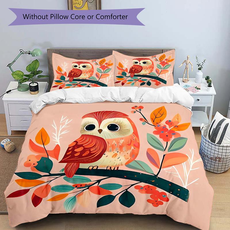 3pcs Cuddly Owl Design Bedding Set, Including 1 Quilt Cover and 2 Pillow Shams, Without Filling, Soft and Comfortable Home Bedroom Fabric, F