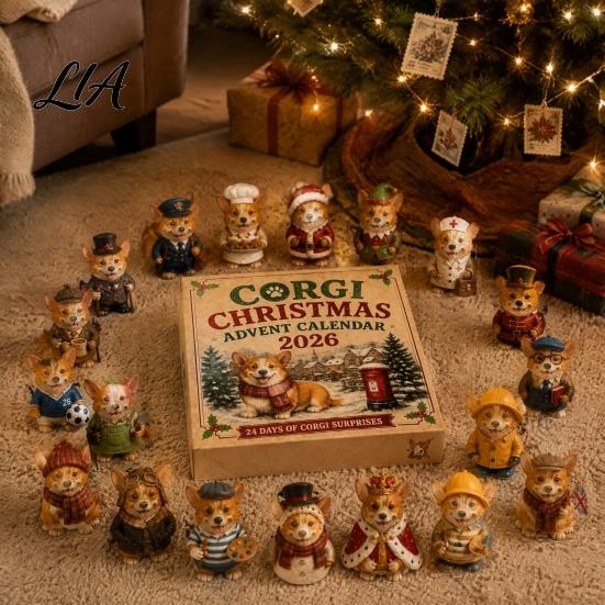 Holiday Countdown Calendar 24 Days Christmas Advent 2026 with Mini Corgi Figurines, Festive Desk Decoration for Kids Dog Lovers, Cute Ornaments