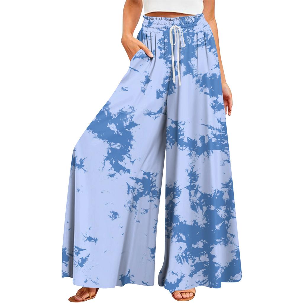 Женские летние широкие брюки с высокой талией и струящимися карманами, модные повседневные повседневные пляжные брюки в богемном стиле с принтом