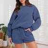 Women 2 Piece Outfits Long Sleeve Pullover Top And Wide Leg Shorts Set with Pockets Casual Lounge Tracksuit
