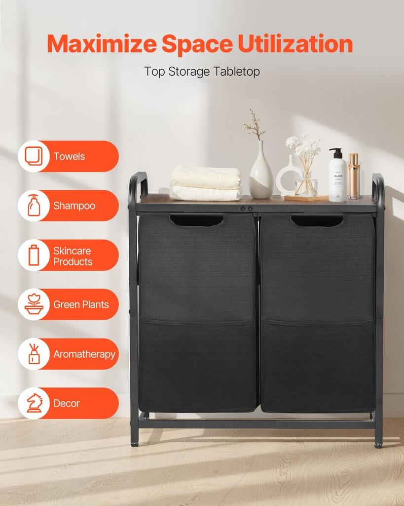 2 Section Laundry Sorter with Pull-Out Bags Metal Frame & Wooden Tabletop