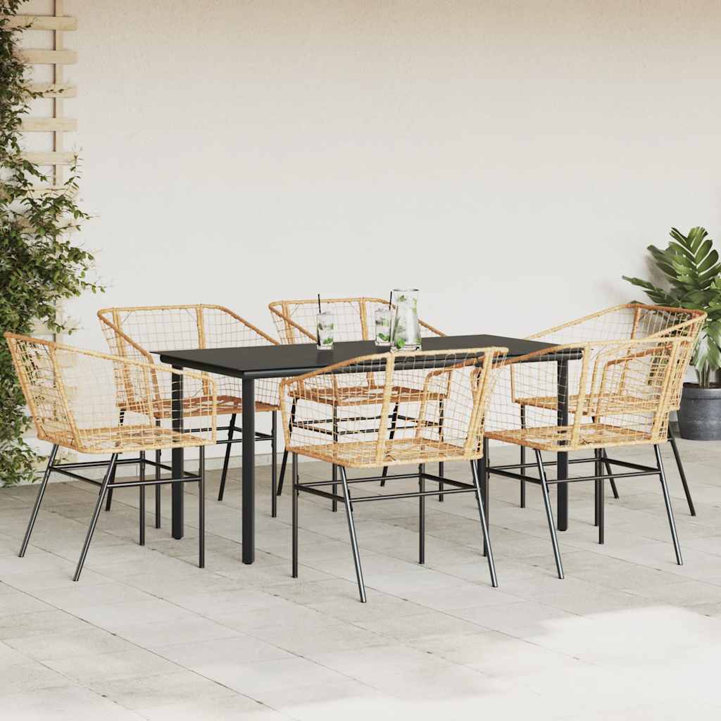 7 Piece Outdoor Dining Set Brown Poly Rattan Table with Glass Top