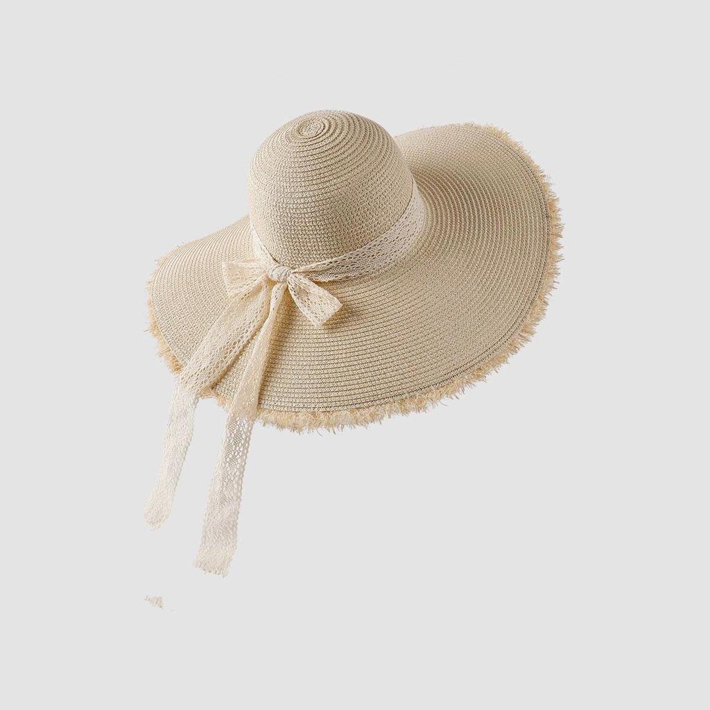 Lace Bow Straw Hat Women's Summer Seaside 2024 New Sunscreen Hat French Fashion Big Brim Sun Hat