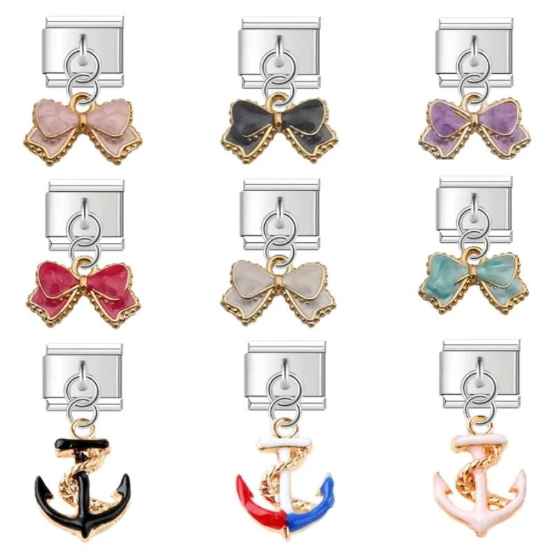 NEW Popular Bow Anchor Pendant Elastic Charm Italian Links Fit 9mm Modular Bracelet Making DIY Jewelry Bulk
