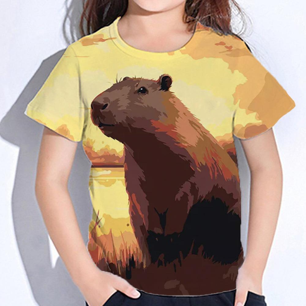 Футболка с рисунком капибары для девочек, летняя детская одежда, круглая горловина, детская футболка для мальчиков, топы с животными, повседневная уличная одежда, детская одежда