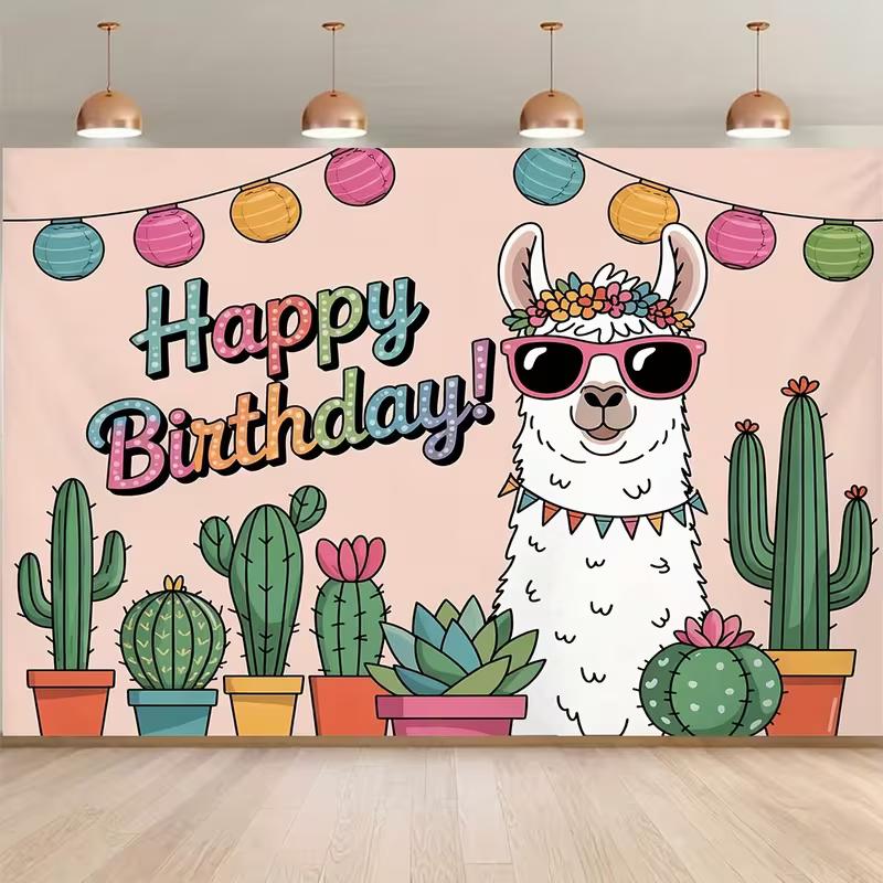 2D Cartoon Alpaca Happy Birthday Backdrop with Sunglasses & Cacti