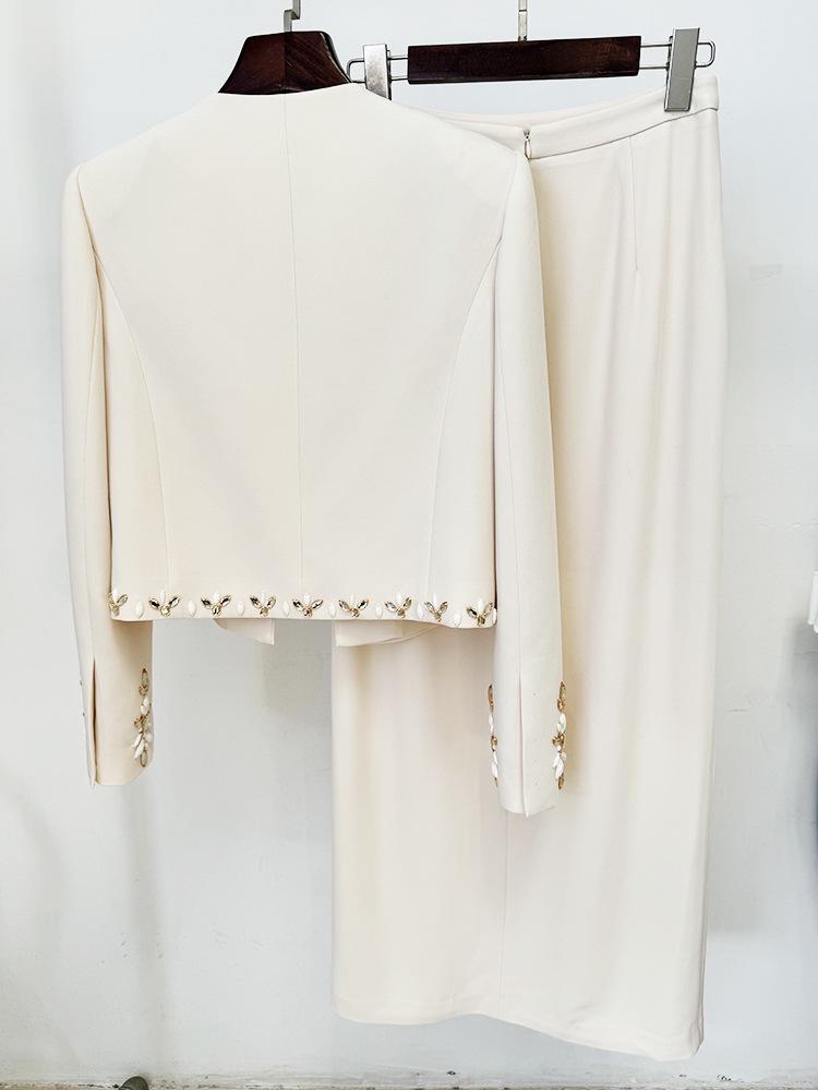 2025 New European & American Beaded Cardigan Jacket & Slit Midi Skirt Set
