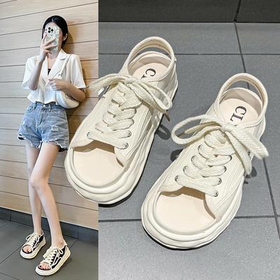 Мода 2024 года, парусиновые сандалии, женская повседневная обувь, черно-белые парусиновые туфли для женщин, летние туфли на каблуках с ремешками для девочек, модные на шнуровке