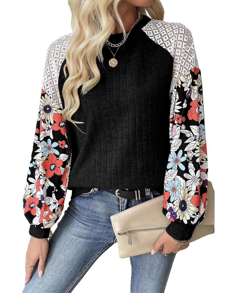 Azura Exchange Черная блузка с длинными рукавами в рубчик с цветочным принтом и лоскутным узором