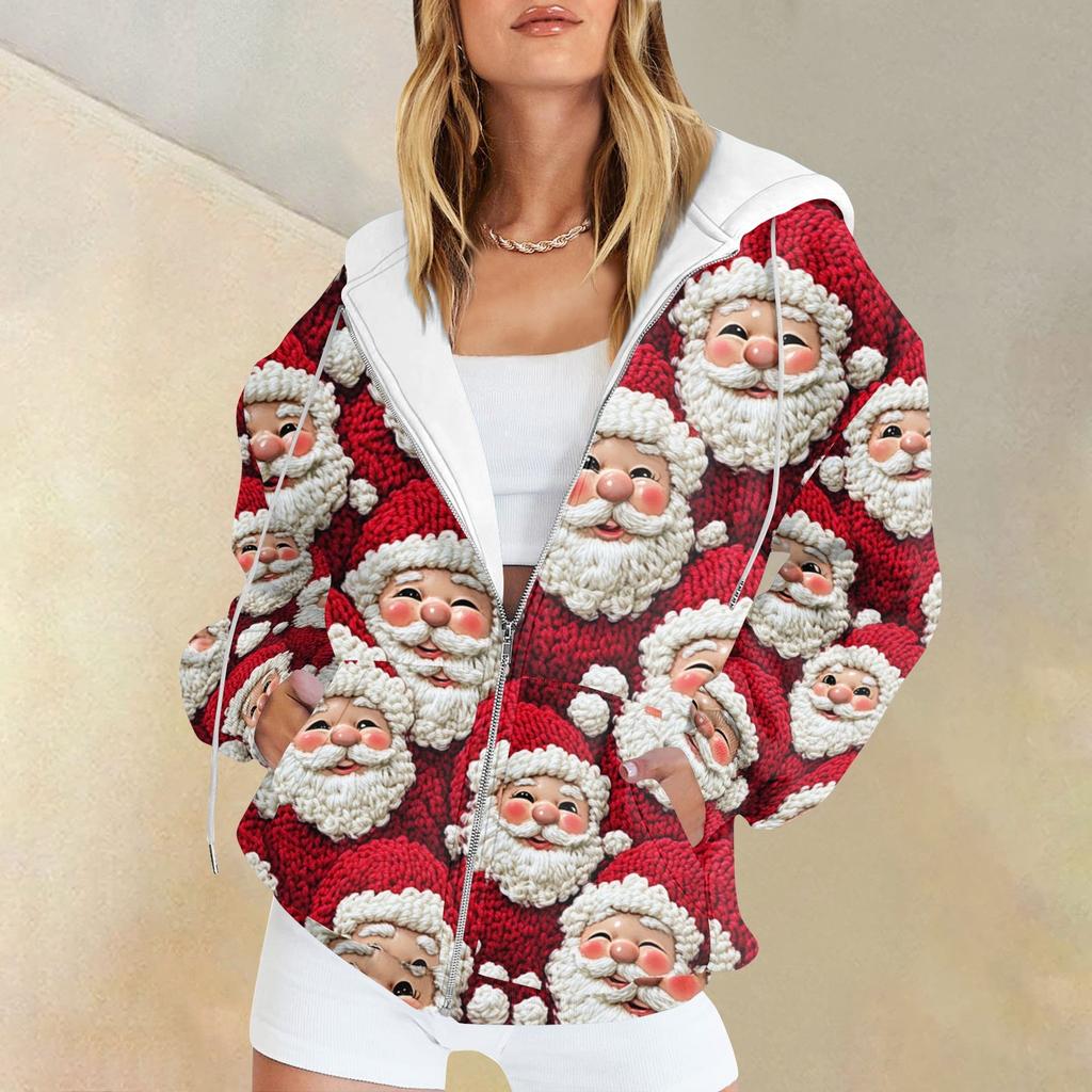 Ladies Fashion Casual Christmas Print Sweatshirt Autumn Winter Long Sleeve Cardigan Jacket With Pocket Zipper Hoodie Jacket